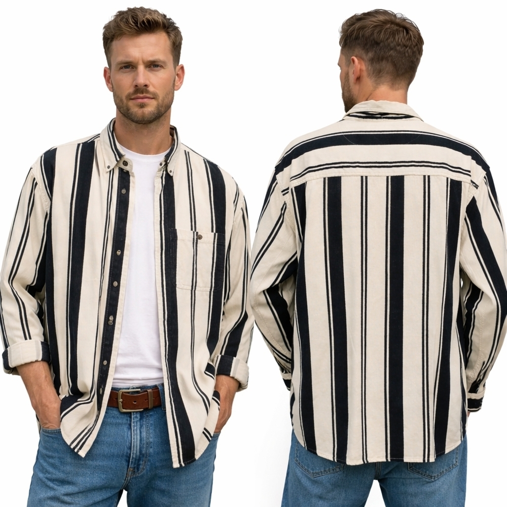 NORTHWEST TERRITORY Shirt Mens XL Cream Black Corduroy Vertical Stripe Vintage
